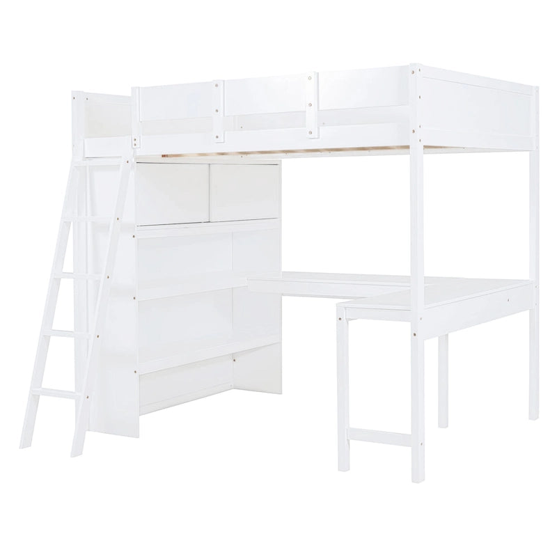 Letto a soppalco singolo in legno di pino massello grigio/bianco con scrivania e mensole