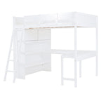 Letto a soppalco singolo in legno di pino massello grigio/bianco con scrivania e mensole