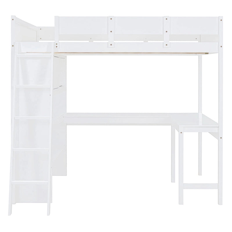 Letto a soppalco singolo in legno di pino massello grigio/bianco con scrivania e mensole
