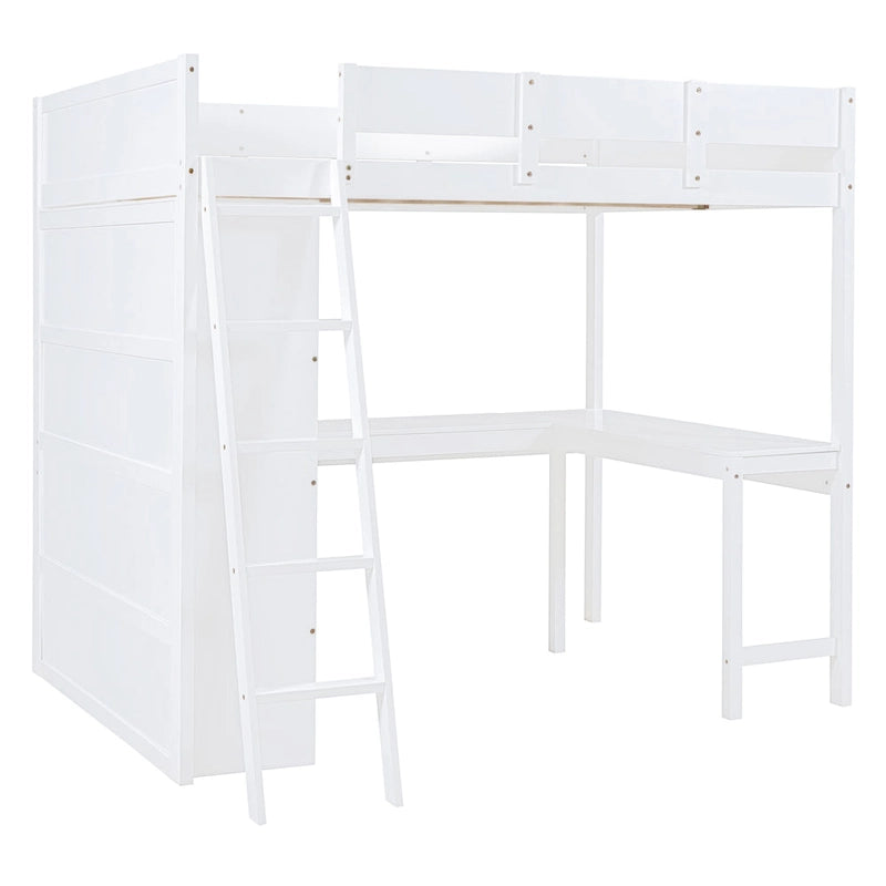 Letto a soppalco singolo in legno di pino massello grigio/bianco con scrivania e mensole