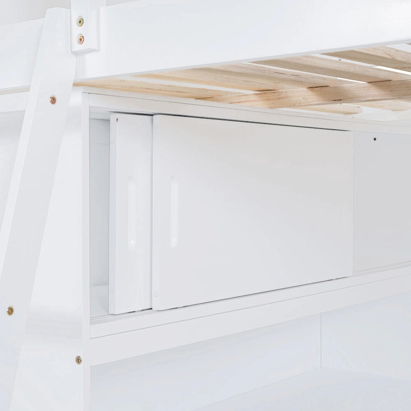 Letto a soppalco singolo in legno di pino massello grigio/bianco con scrivania e mensole