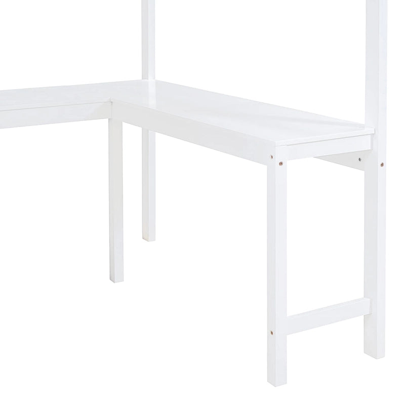 Letto a soppalco singolo in legno di pino massello grigio/bianco con scrivania e mensole