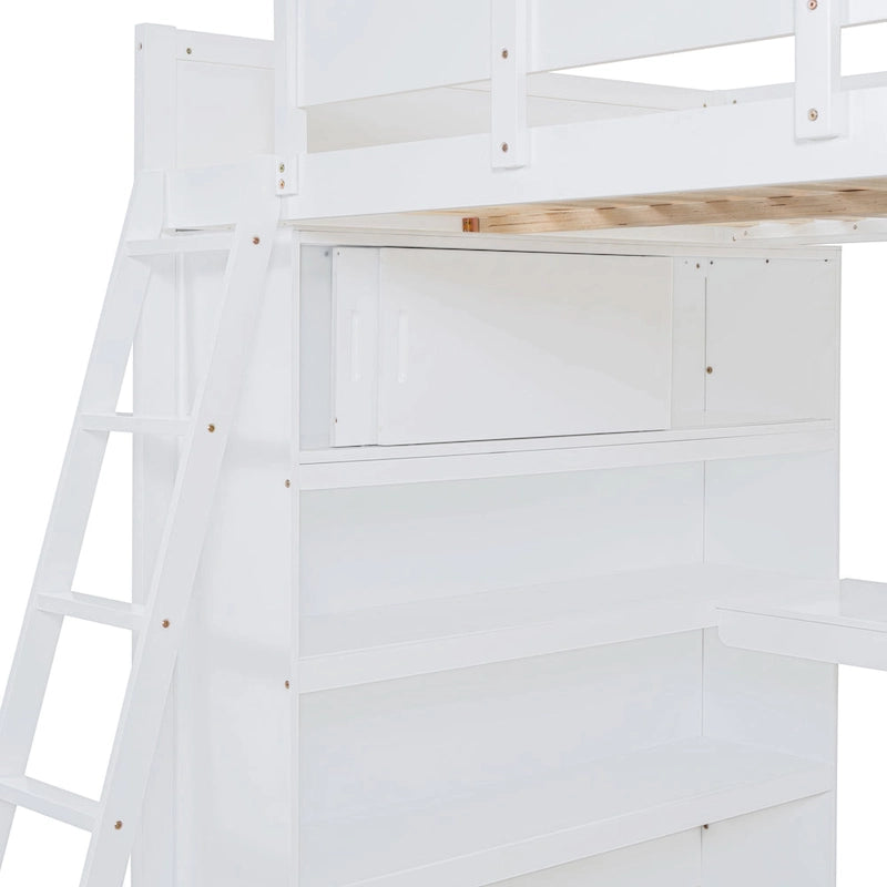 Letto a soppalco singolo in legno di pino massello grigio/bianco con scrivania e mensole
