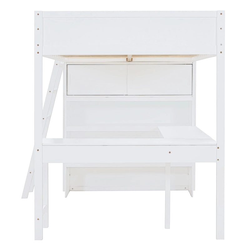 Letto a soppalco singolo in legno di pino massello grigio/bianco con scrivania e mensole