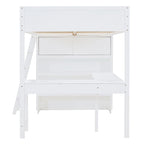 Letto a soppalco singolo in legno di pino massello grigio/bianco con scrivania e mensole