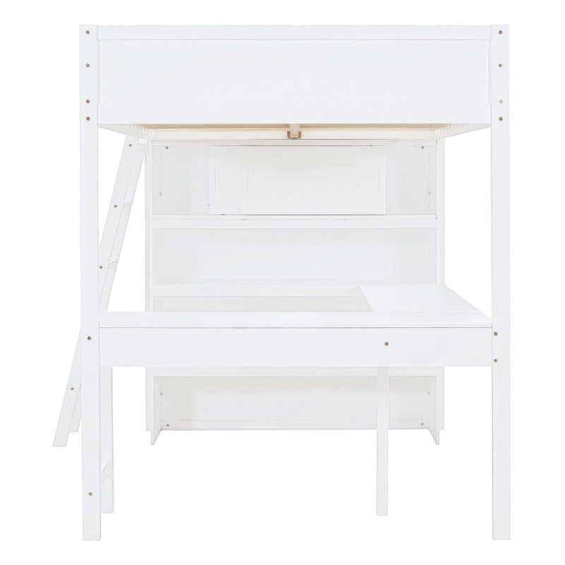 Letto a soppalco singolo in legno di pino massello grigio/bianco con scrivania e mensole