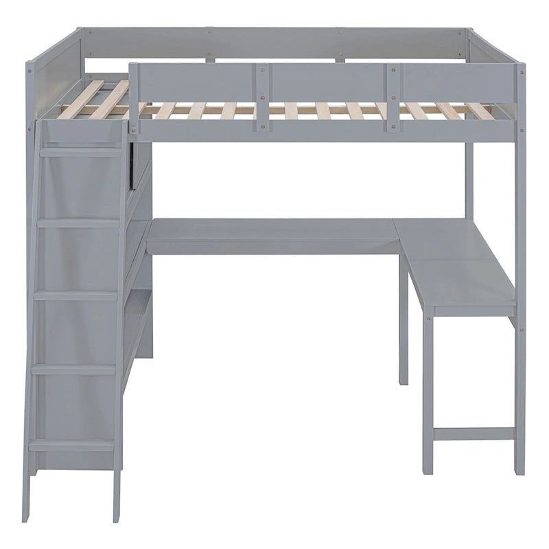 Letto a soppalco singolo in legno di pino massello grigio/bianco con scrivania e mensole