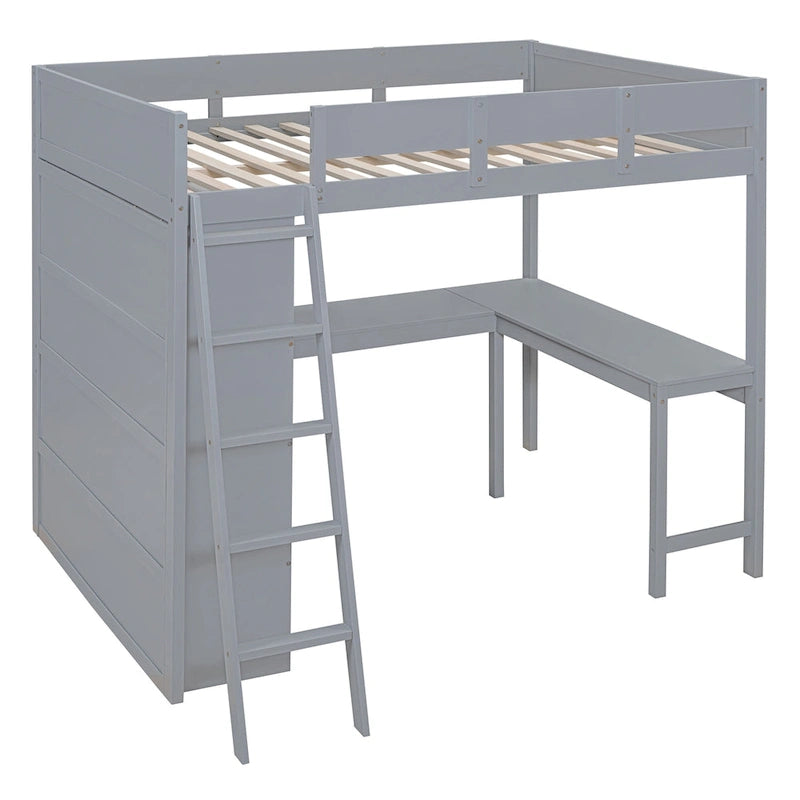 Letto a soppalco singolo in legno di pino massello grigio/bianco con scrivania e mensole