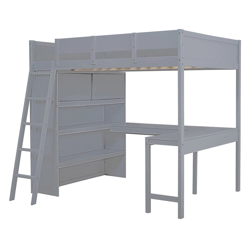 Letto a soppalco singolo in legno di pino massello grigio/bianco con scrivania e mensole