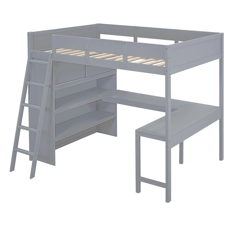 Letto a soppalco singolo in legno di pino massello grigio/bianco con scrivania e mensole
