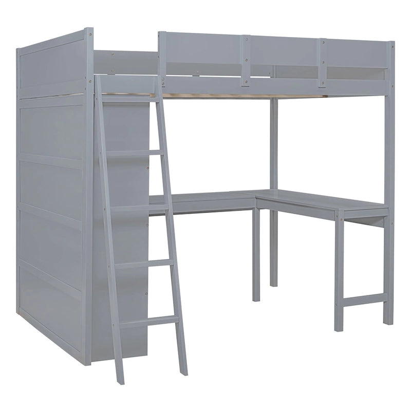 Letto a soppalco singolo in legno di pino massello grigio/bianco con scrivania e mensole