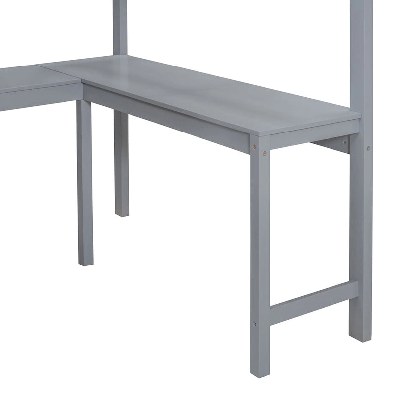 Letto a soppalco singolo in legno di pino massello grigio/bianco con scrivania e mensole