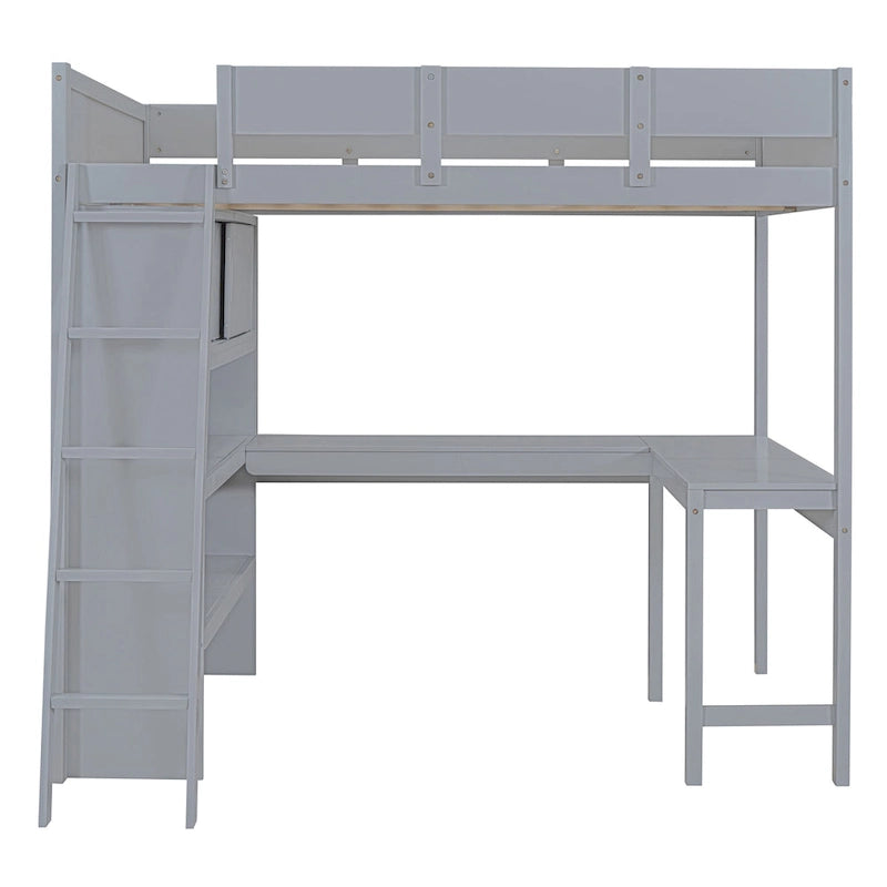 Letto a soppalco singolo in legno di pino massello grigio/bianco con scrivania e mensole