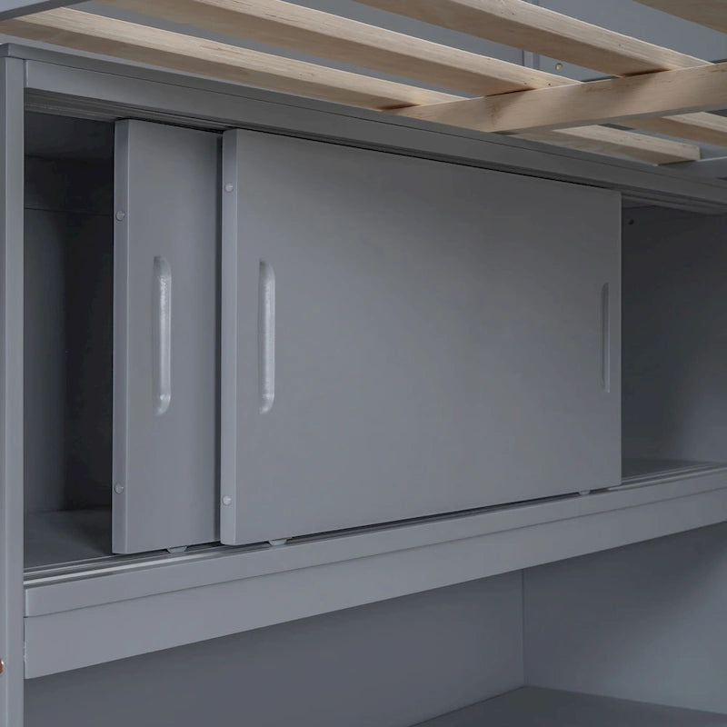 Letto a soppalco singolo in legno di pino massello grigio/bianco con scrivania e mensole
