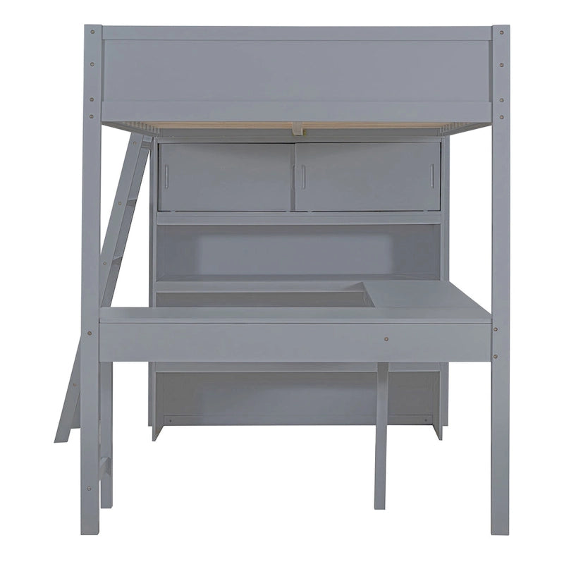 Letto a soppalco singolo in legno di pino massello grigio/bianco con scrivania e mensole