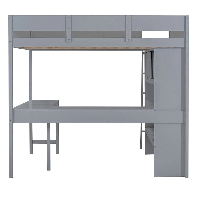 Letto a soppalco singolo in legno di pino massello grigio/bianco con scrivania e mensole