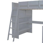Letto a soppalco singolo in legno di pino massello grigio/bianco con scrivania e mensole