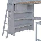 Letto a soppalco singolo in legno di pino massello grigio/bianco con scrivania e mensole