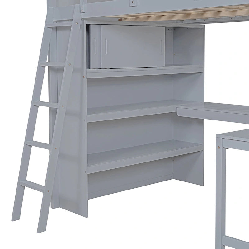 Letto a soppalco singolo in legno di pino massello grigio/bianco con scrivania e mensole