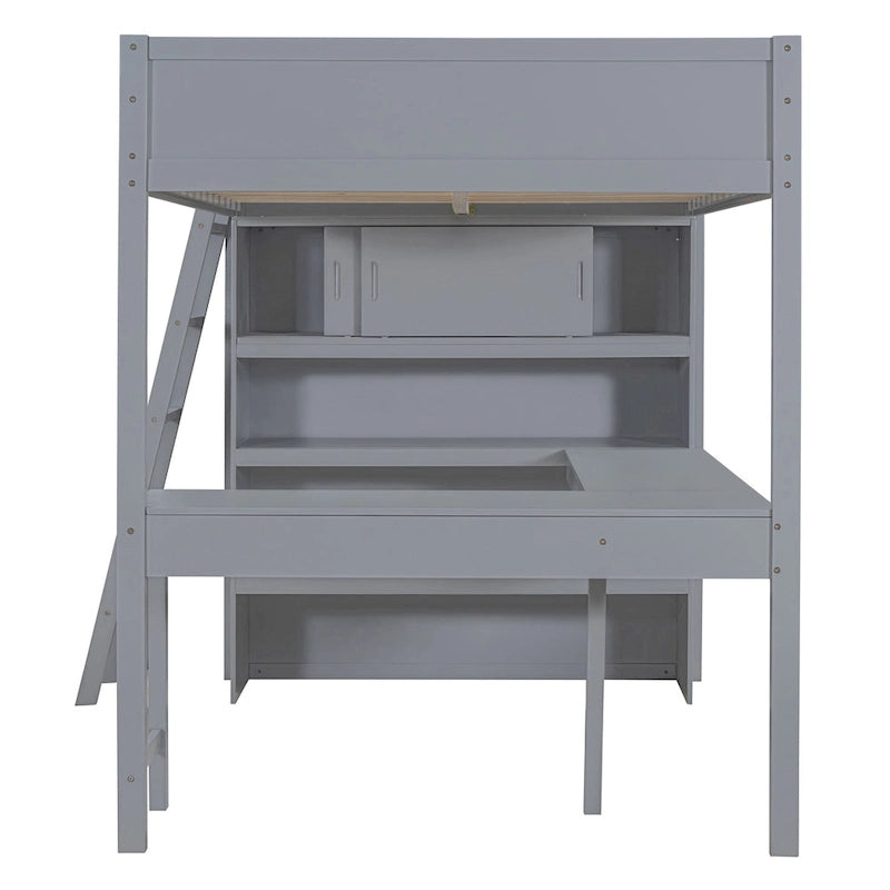 Letto a soppalco singolo in legno di pino massello grigio/bianco con scrivania e mensole