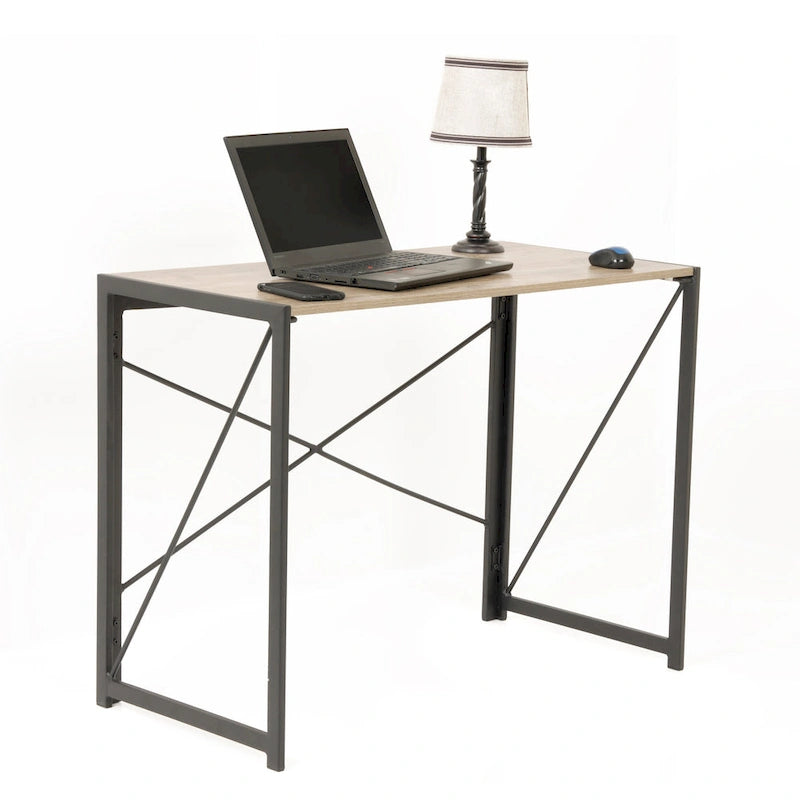 Scrivania con finitura Grigio / Legno – Gambe in metallo e ripiano in laminato rovere, uso singolo
