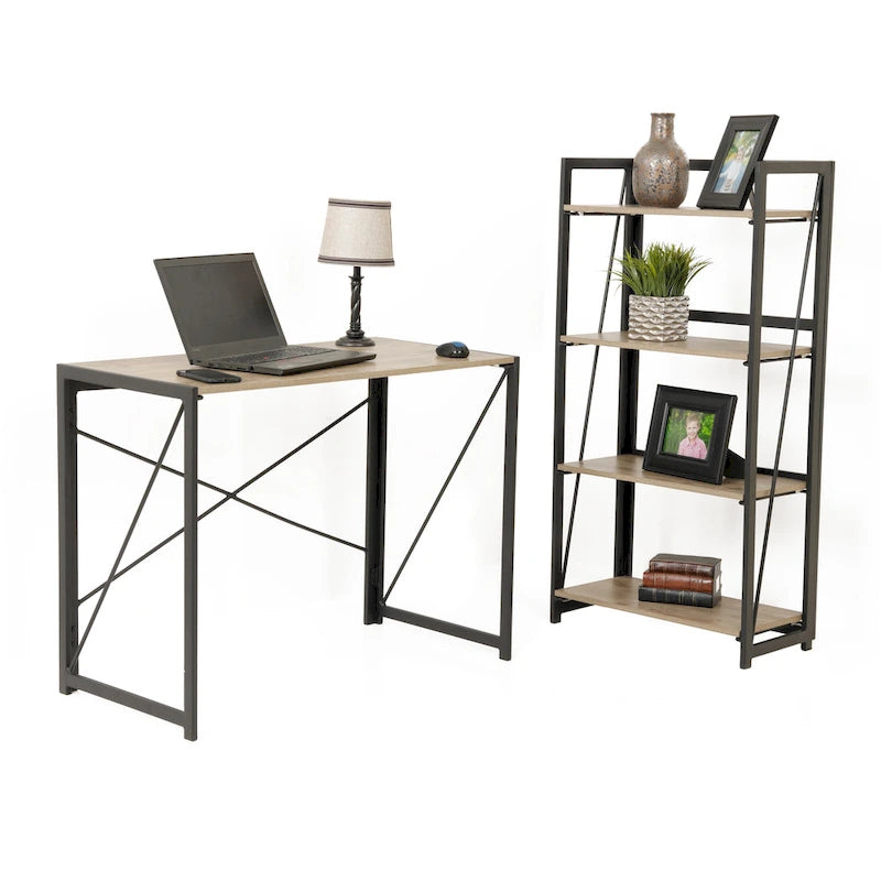 Scrivania con finitura Grigio / Legno – Gambe in metallo e ripiano in laminato rovere, uso singolo