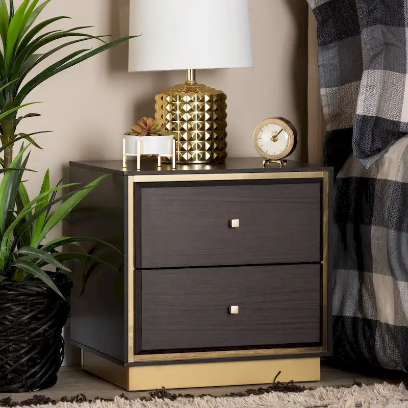 Comodino a 2 cassetti Marrone Scuro e Noce / Oro – Stile Mid-Century, Singolo Utilizzo