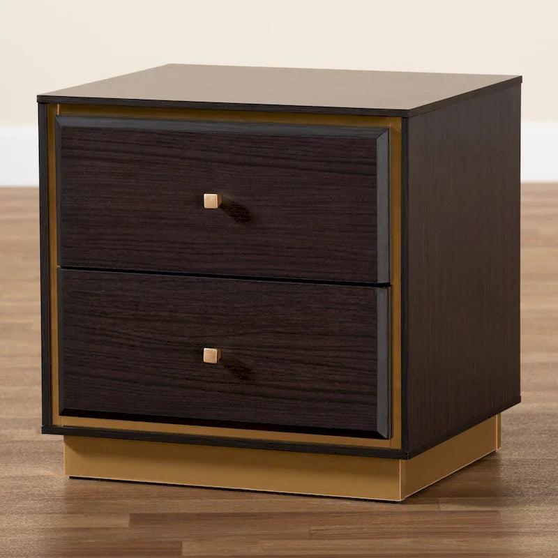 Comodino a 2 cassetti Marrone Scuro e Noce / Oro – Stile Mid-Century, Singolo Utilizzo