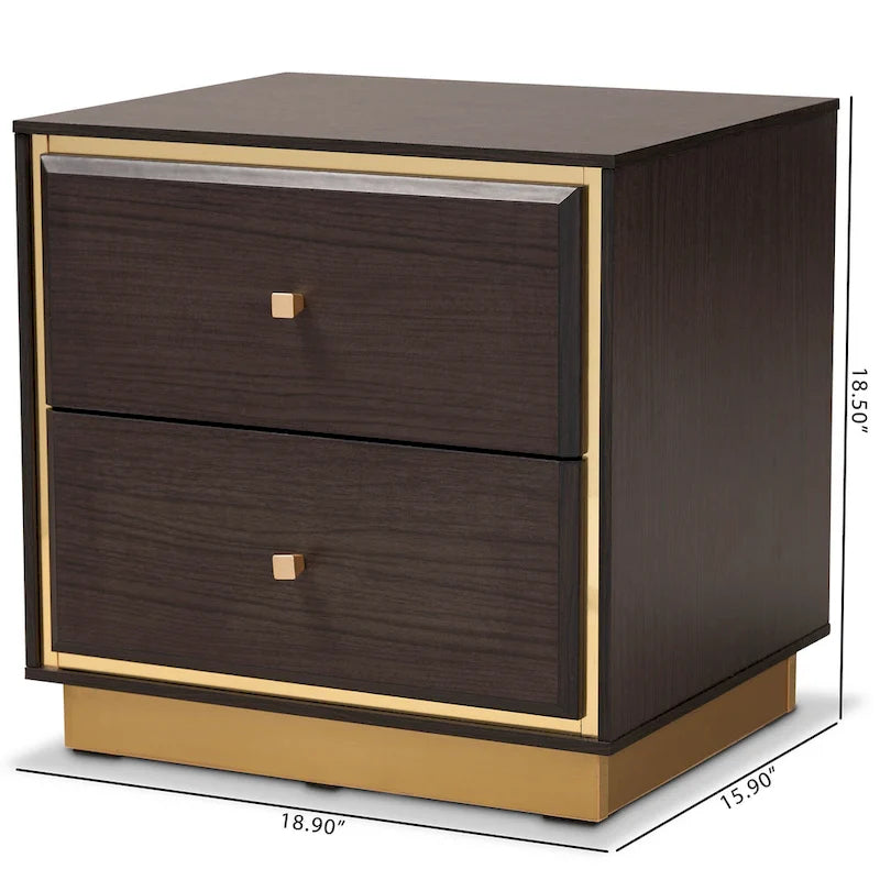 Comodino a 2 cassetti Marrone Scuro e Noce / Oro – Stile Mid-Century, Singolo Utilizzo