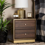 Comodino a 2 cassetti Marrone Scuro e Noce / Oro – Stile Mid-Century, Singolo Utilizzo