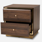 Comodino a 2 cassetti Marrone Scuro e Noce / Oro – Stile Mid-Century, Singolo Utilizzo