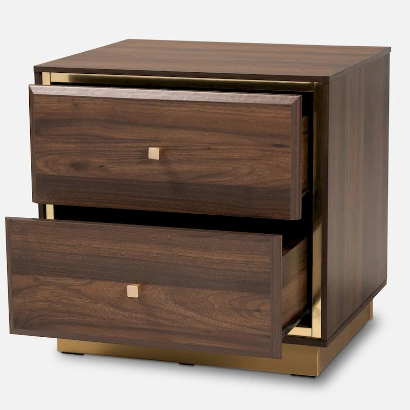 Comodino a 2 cassetti Marrone Scuro e Noce / Oro – Stile Mid-Century, Singolo Utilizzo