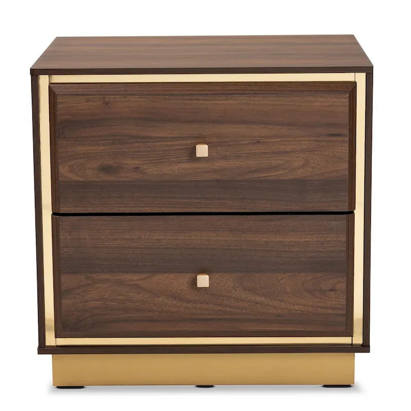 Comodino a 2 cassetti Marrone Scuro e Noce / Oro – Stile Mid-Century, Singolo Utilizzo
