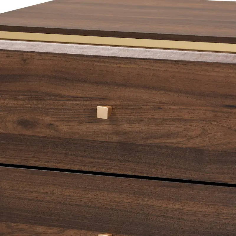 Comodino a 2 cassetti Marrone Scuro e Noce / Oro – Stile Mid-Century, Singolo Utilizzo
