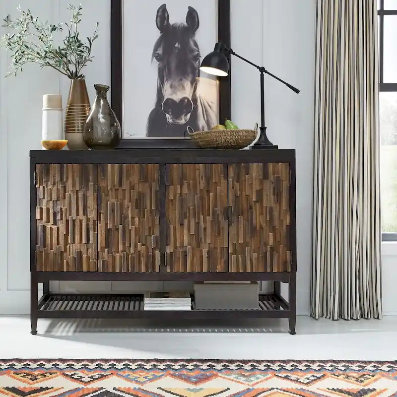 Buffet con Finitura Lavagna Marrone Scuro, Frontale a Mosaico e Piano in Legno Massello