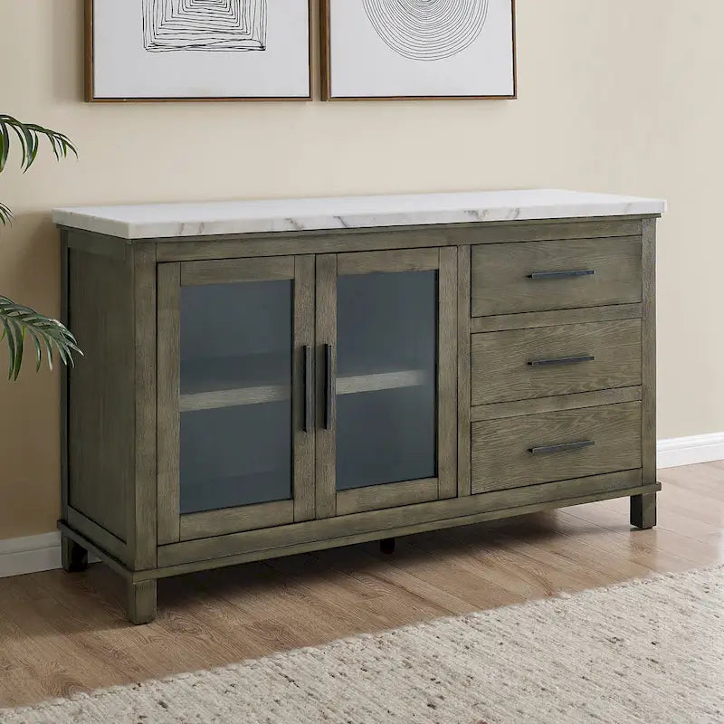 Mobile Buffet Stile Rustico con Piano in Marmo Grigio/Bianco