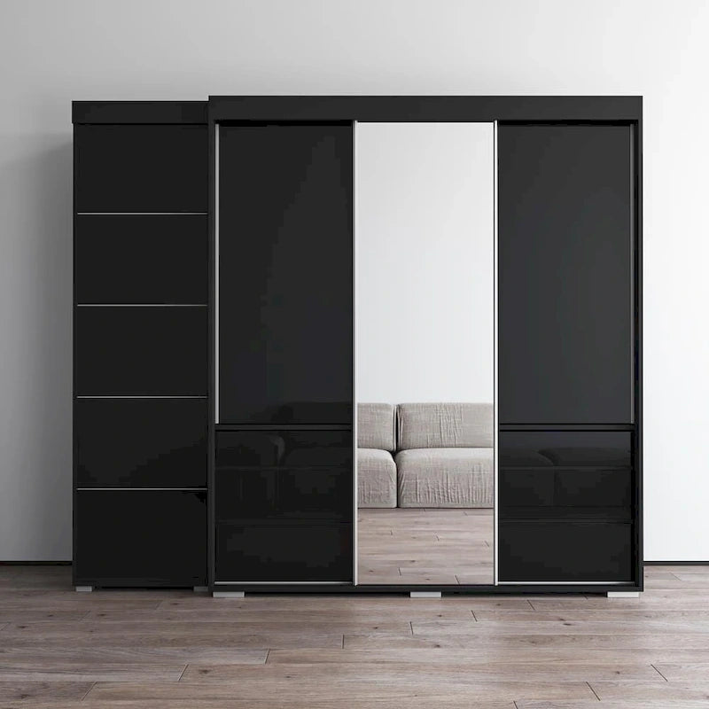 Armadio contemporaneo nero/grigio/bianco con specchio e ante in vetro