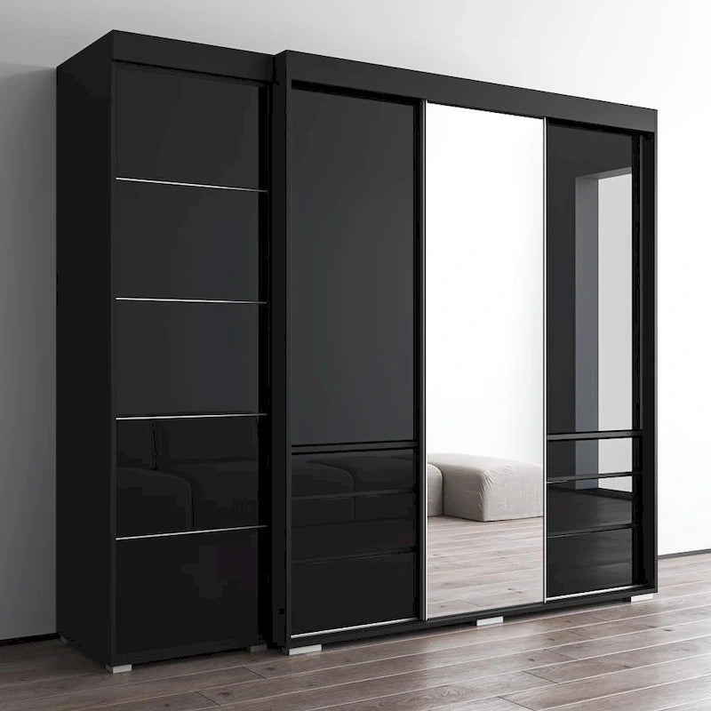 Armadio contemporaneo nero/grigio/bianco con specchio e ante in vetro