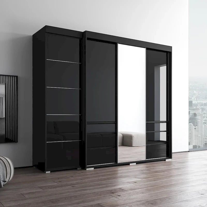 Armadio contemporaneo nero/grigio/bianco con specchio e ante in vetro