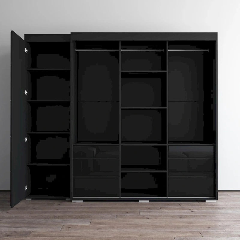 Armadio contemporaneo nero/grigio/bianco con specchio e ante in vetro