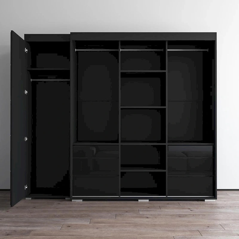 Armadio contemporaneo nero/grigio/bianco con specchio e ante in vetro