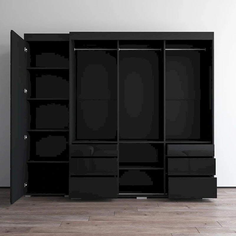 Armadio contemporaneo nero/grigio/bianco con specchio e ante in vetro
