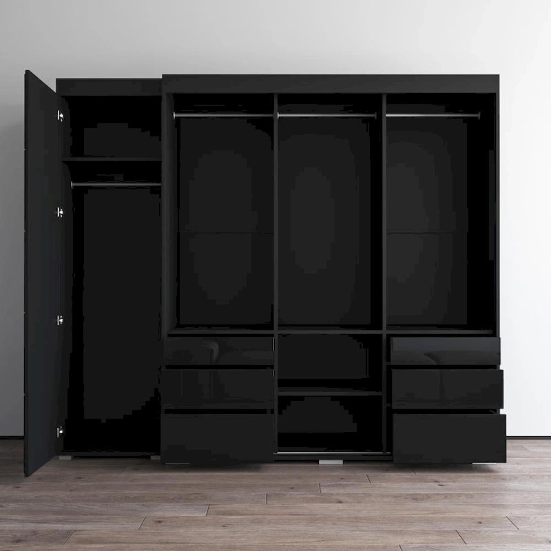 Armadio contemporaneo nero/grigio/bianco con specchio e ante in vetro