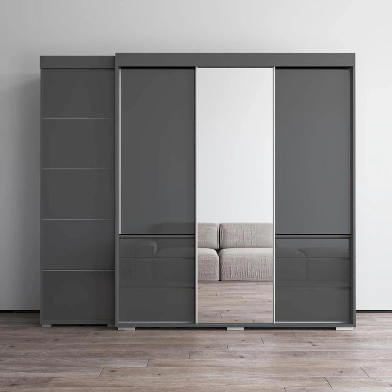 Armadio contemporaneo nero/grigio/bianco con specchio e ante in vetro