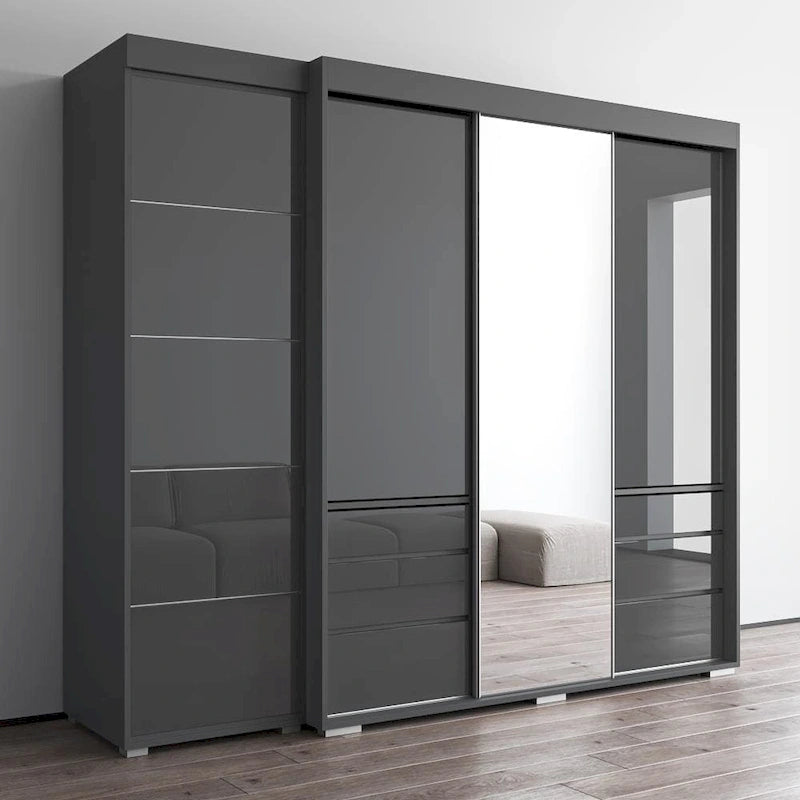 Armadio contemporaneo nero/grigio/bianco con specchio e ante in vetro