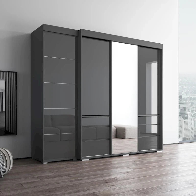 Armadio contemporaneo nero/grigio/bianco con specchio e ante in vetro