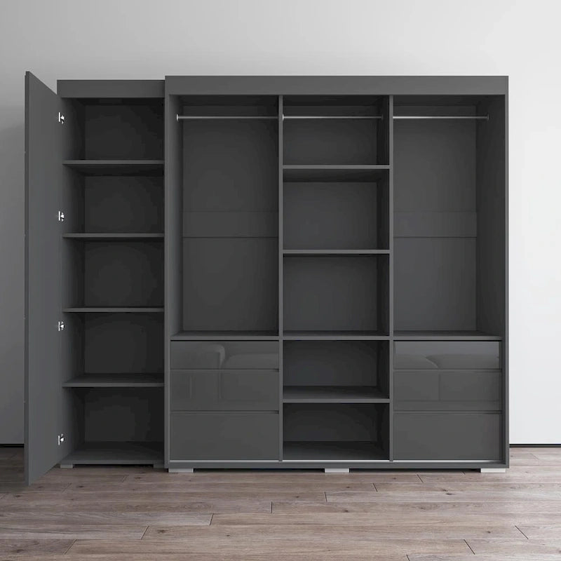 Armadio contemporaneo nero/grigio/bianco con specchio e ante in vetro