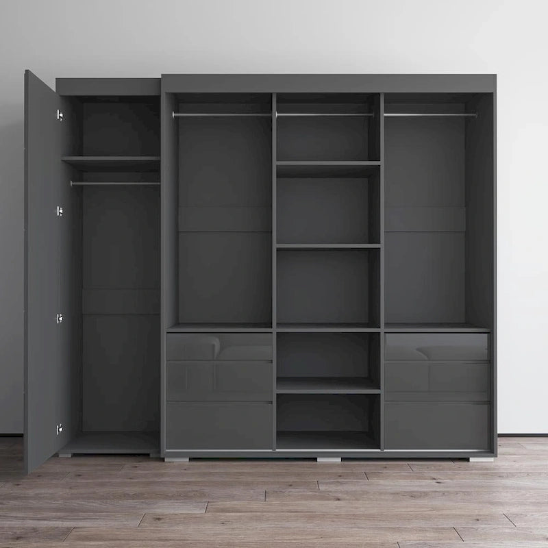 Armadio contemporaneo nero/grigio/bianco con specchio e ante in vetro