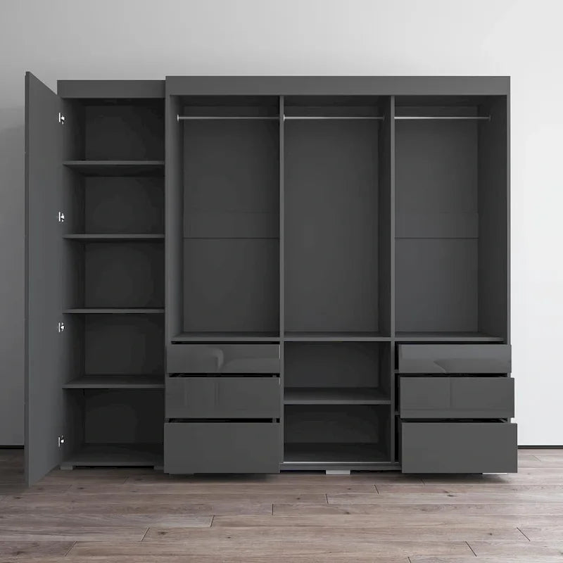 Armadio contemporaneo nero/grigio/bianco con specchio e ante in vetro