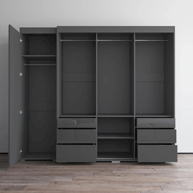 Armadio contemporaneo nero/grigio/bianco con specchio e ante in vetro